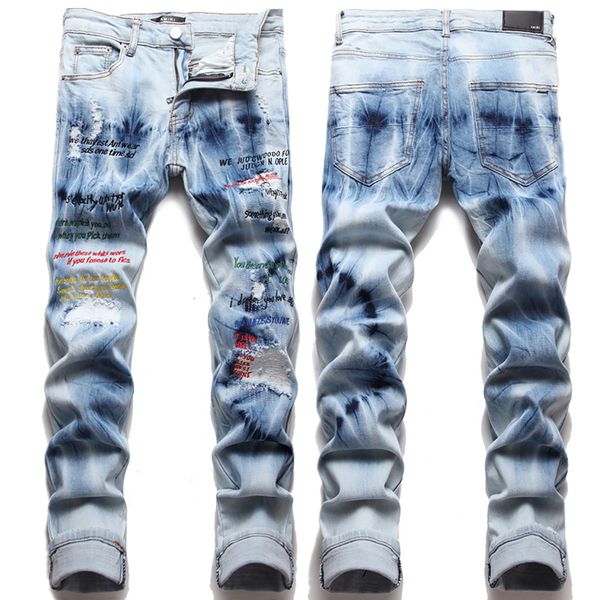 men's jeans mens slimming fit tie dye denim pants light luxury embroidery jeans trendy ripped casual street fashion men 220927, Blue
men's jeans mens slimming fit tie dye denim pants light luxury embroidery jeans trendy ripped casual street fashion men 220927, Blue