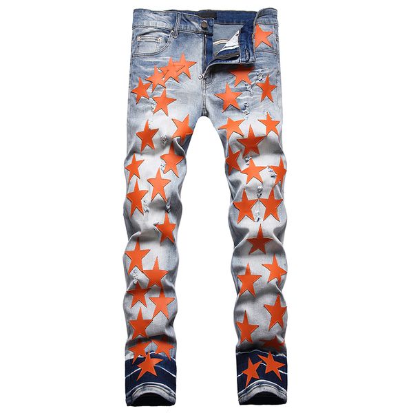 men's jeans designer punk ripped pants pantalon homme for men retro old street fashion star motorcycle, Blue
men's jeans designer punk ripped pants pantalon homme for men retro old street fashion star motorcycle, Blue