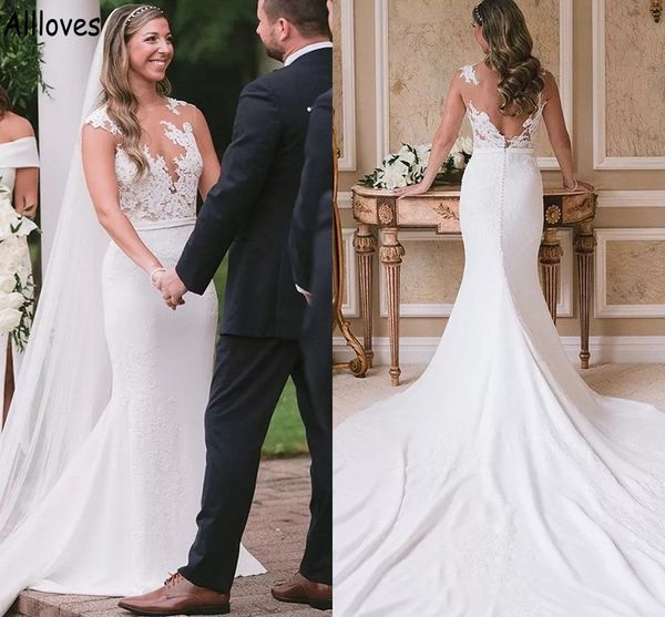 see through satin mermaid wedding dresses boho garden with court train lace appliqued bridal gowns backless buttons vestidos de novia recept, White
see through satin mermaid wedding dresses boho garden with court train lace appliqued bridal gowns backless buttons vestidos de novia recept, White