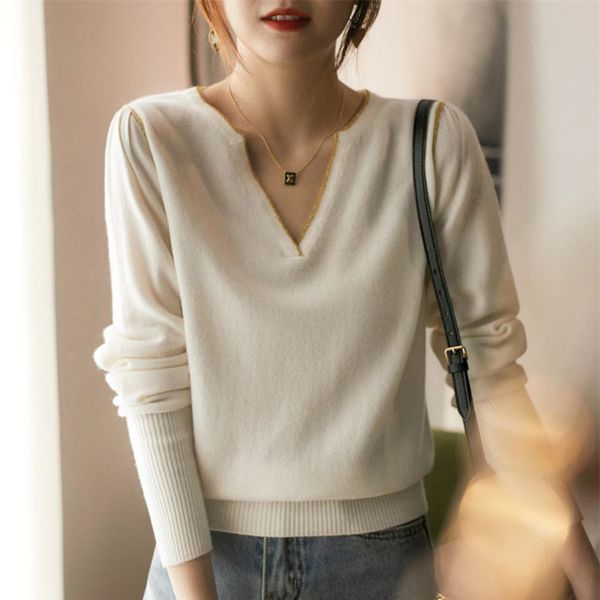 women's knits tees vneck goldlined wool knitted sweater women's spring and autumn casual pullover women's clothing unique nic, White
women's knits tees vneck goldlined wool knitted sweater women's spring and autumn casual pullover women's clothing unique nic, White