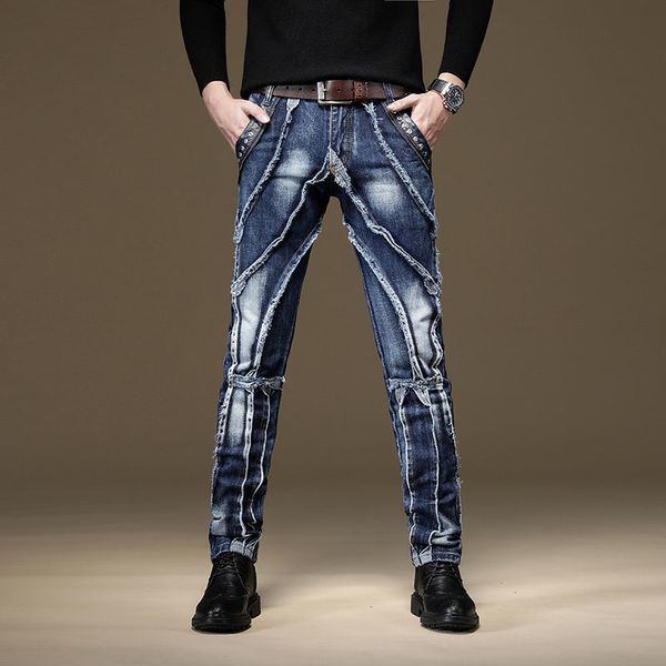 men's jeans light luxury mens slim fit patchwork blue denim pants beggar style nightclub performer trendy street pants 220927
men's jeans light luxury mens slim fit patchwork blue denim pants beggar style nightclub performer trendy street pants 220927