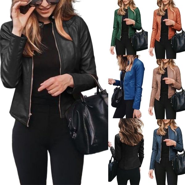 women's leather faux autumn solid color jackets for women long sleeve stand-up collar zipper overcoat cardigan short thin pu coat 22092, Black
women's leather faux autumn solid color jackets for women long sleeve stand-up collar zipper overcoat cardigan short thin pu coat 22092, Black