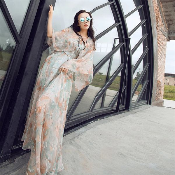 women romantic floral print chiffon dress with cape elegant female gowns long beach style maxi casual dresses, Black;gray
women romantic floral print chiffon dress with cape elegant female gowns long beach style maxi casual dresses, Black;gray