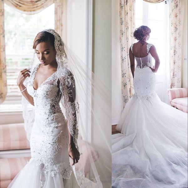 2022 african mermaid wedding dresses v neck illusion tulle lace applique crystal beads bride dress bridal gowns sheer back chapel train, White
2022 african mermaid wedding dresses v neck illusion tulle lace applique crystal beads bride dress bridal gowns sheer back chapel train, White
