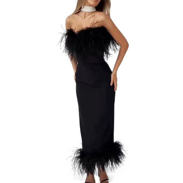 

ostrich feather women lady sexy off shoulder dress cocktail outfits uniform evening party dresses YS1021, Black