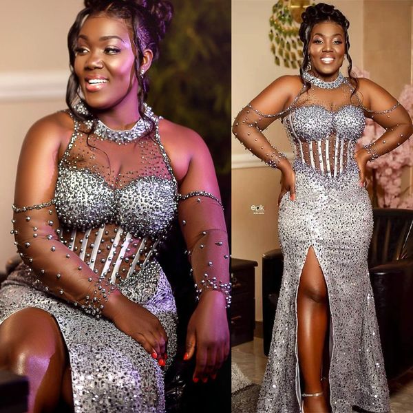 2022 arabic aso ebi silver mermaid prom dresses sequined lace sparkly evening formal party second reception birthday engagement gowns dress, Black 
2022 arabic aso ebi silver mermaid prom dresses sequined lace sparkly evening formal party second reception birthday engagement gowns dress, Black