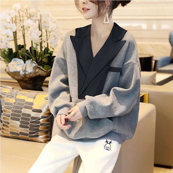 women's hoodies sweatshirts splicing vneck sweater women's thin loose design sense of minority fashion spring and autumn style 220, Black
women's hoodies sweatshirts splicing vneck sweater women's thin loose design sense of minority fashion spring and autumn style 220, Black