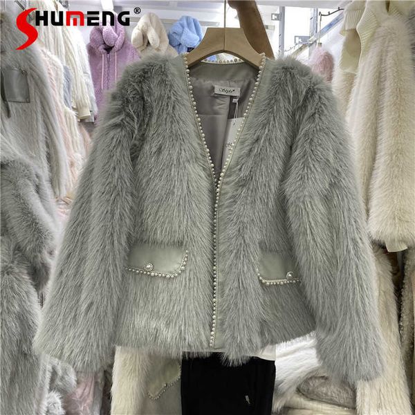 women's fur faux 2022 winter short coat elegant new pearl v-neck leather overcoat ry jackets for t220928, Black
women's fur faux 2022 winter short coat elegant new pearl v-neck leather overcoat ry jackets for t220928, Black
