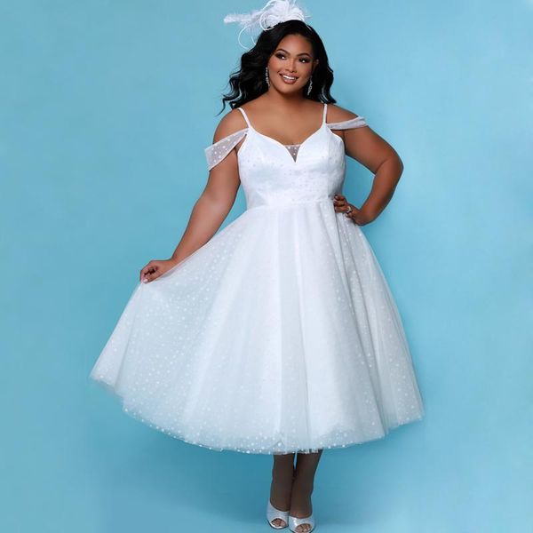 plus size wedding dresses off shoulder bridal gowns spaghetti straps dot tulle tea length short vestido de novia, White
plus size wedding dresses off shoulder bridal gowns spaghetti straps dot tulle tea length short vestido de novia, White