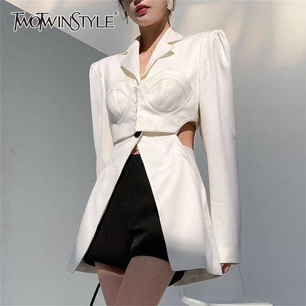 women's suits blazers twotwinstyle white casual blazer for women notched long sleeve hollow out korean straight female spring fashion 2, White;black
women's suits blazers twotwinstyle white casual blazer for women notched long sleeve hollow out korean straight female spring fashion 2, White;black