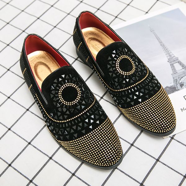 

British Loafers Men Shoes Luxury Handmade Rhinestones PU Personality Pattern One Pedal Business Casual Wedding Nightclub All-match AD314, Clear