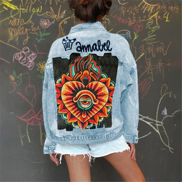 autumn new lapel long-sleeved denim jacket women's high street fashion casual personality eye pattern print graffiti outside, Black;brown 
autumn new lapel long-sleeved denim jacket women's high street fashion casual personality eye pattern print graffiti outside, Black;brown