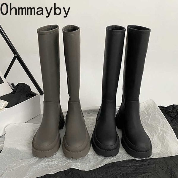 boots chunky women knight knee high pu leather ladies zippers platform flats shoes fashion winter long botas mujer 220929, Black