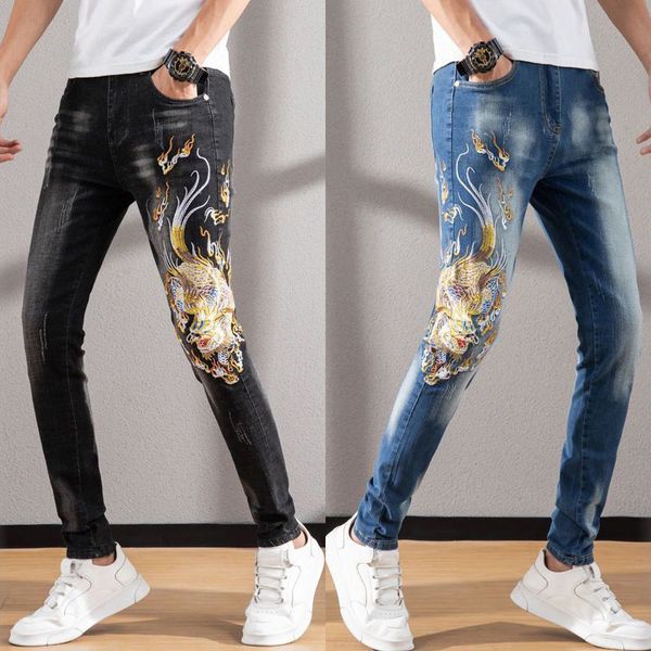 men's jeans slimming elastic denim pants embroidery blue jeans white washed casual scratches black men 220929
men's jeans slimming elastic denim pants embroidery blue jeans white washed casual scratches black men 220929