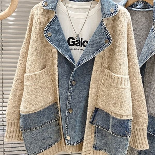 womens knits tees circyy women cardigan winter jacket fake two coat knitted clothing korean denim patchwork pockets turndown collar outerwea, White
womens knits tees circyy women cardigan winter jacket fake two coat knitted clothing korean denim patchwork pockets turndown collar outerwea, White