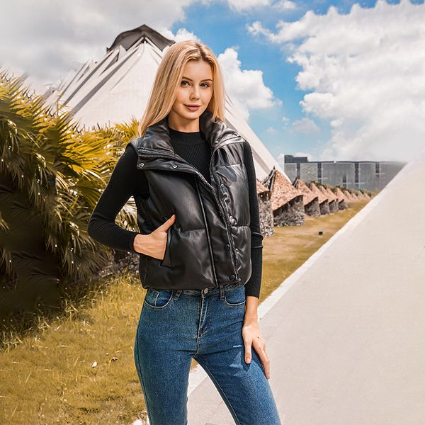 european and american winter women's vest new fashion leather texture effect single breasted high collar sleeveless cotton vest, Black;white
european and american winter women's vest new fashion leather texture effect single breasted high collar sleeveless cotton vest, Black;white