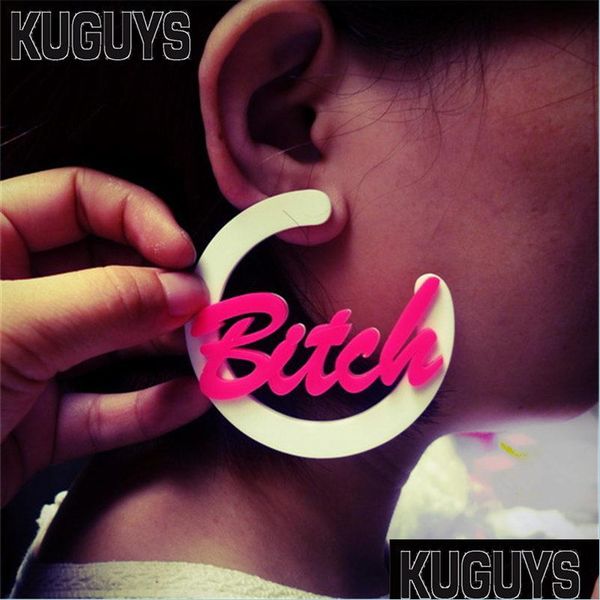 stud stud kuguys hyperbole round large earrings for women fashion oorbellen womans pendientes acrylic letter "bitch" earrin mjfash, Golden;silver