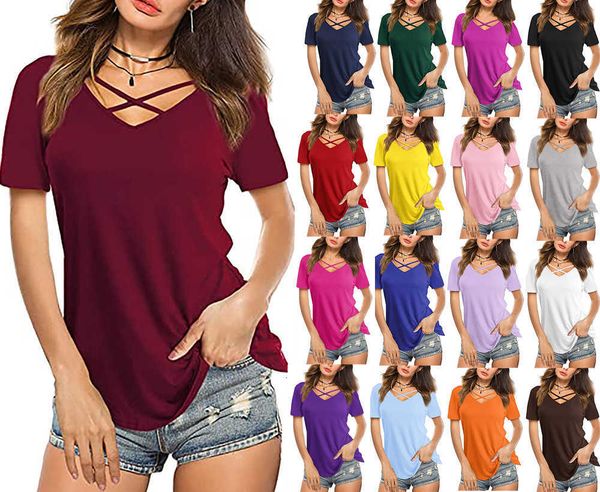 women's clothing 2022 new cross chest v-neck short sleeve loose t-shirt, White