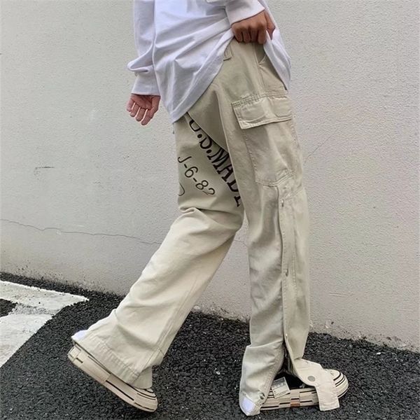 mens pants multiple pockets apricot drawstring casual men loose cargo pants side button hip hop joggers long trousers pantalones y2k 220930, Black
