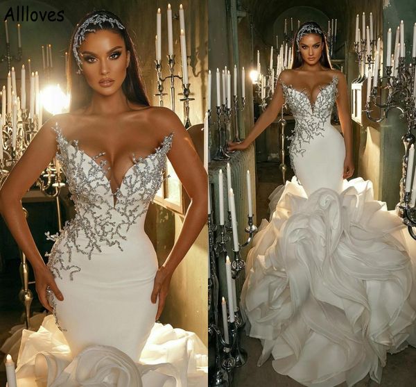 gorgeous ruffles mermaid wedding dresses elegant satin sparkly crystals with long chapel train bridal gowns plus size arabic aso ebi vestido, White
gorgeous ruffles mermaid wedding dresses elegant satin sparkly crystals with long chapel train bridal gowns plus size arabic aso ebi vestido, White