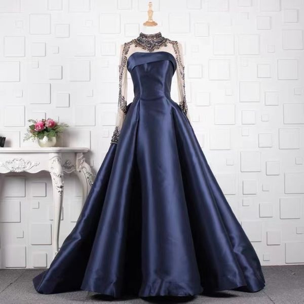 elegant special occasion dresses dark blue satin prom dress high neck beaded formal evening dress party tt0183, Black
elegant special occasion dresses dark blue satin prom dress high neck beaded formal evening dress party tt0183, Black