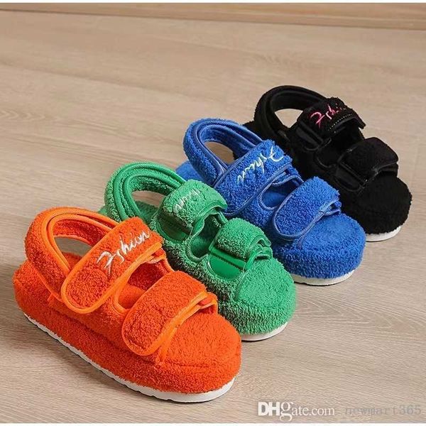 designer women plush sandals new round head thick soled warm cotton shoes, Black