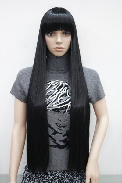 new fashion heat resistant jet black straight long 32" full wigs synthetic hair