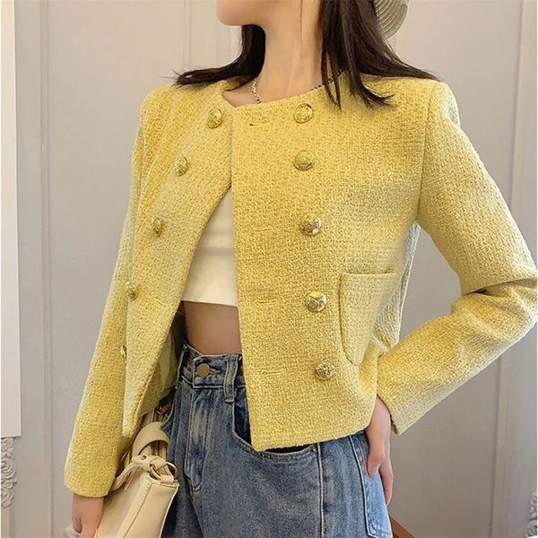 women s jackets fall winter french double breasted brand luxury tweed jacket yellow elegant pocket design coat casaco outwear 220929, Black;brown
women s jackets fall winter french double breasted brand luxury tweed jacket yellow elegant pocket design coat casaco outwear 220929, Black;brown