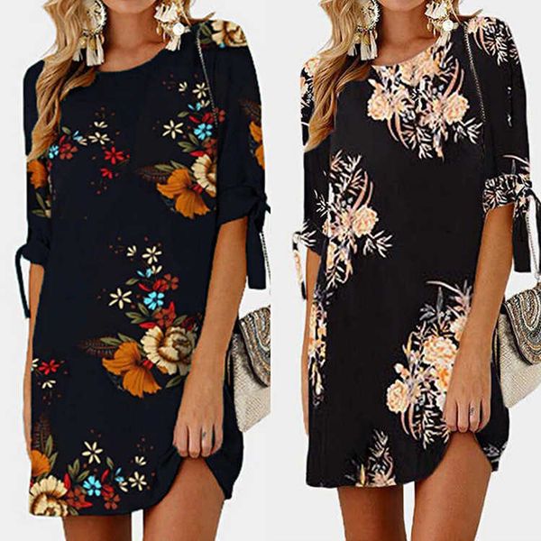women's clothing 2019 summer fashion printed round neck 5 / 6 sleeve lace up chiffon dress for women, White
women's clothing 2019 summer fashion printed round neck 5 / 6 sleeve lace up chiffon dress for women, White
