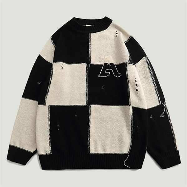 men's sweaters streetwear knitted mens harajuku plaid splicing jumper fashion hip hop oversized casual o-neck hole pullovers couples 22, White;black
men's sweaters streetwear knitted mens harajuku plaid splicing jumper fashion hip hop oversized casual o-neck hole pullovers couples 22, White;black