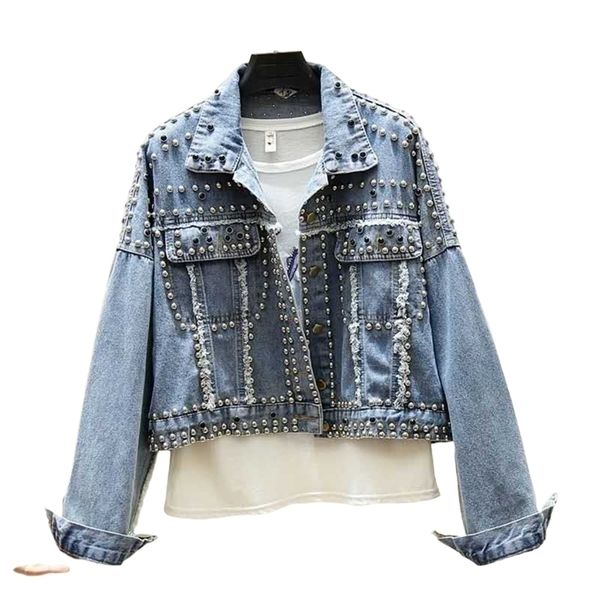 women s jacket autumn hand rivet studded denim loose outwear female students casual short jeans coats 220929, Black;brown
women s jacket autumn hand rivet studded denim loose outwear female students casual short jeans coats 220929, Black;brown