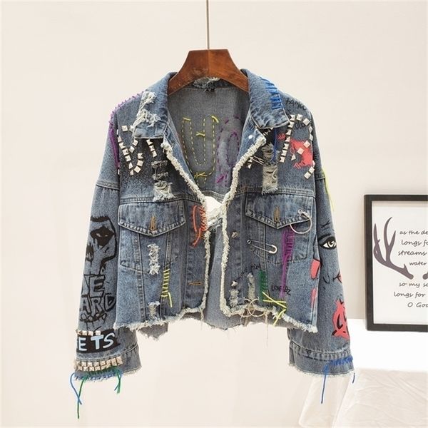 women s jackets spring autumn women street fashion graffiti denim female short frayed raw cut rivet fringe jean coat outwear 220929, Black;brown
women s jackets spring autumn women street fashion graffiti denim female short frayed raw cut rivet fringe jean coat outwear 220929, Black;brown