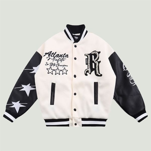 hip hop pearl embroidery baseball jackets mens harajuku pu leather patchwork thicken coats streetwear casual loose jacket 220810, Black;brown
hip hop pearl embroidery baseball jackets mens harajuku pu leather patchwork thicken coats streetwear casual loose jacket 220810, Black;brown