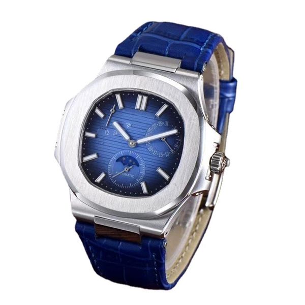 40mm automatic mechanical mens wristwatch moon phase dial black blue leather strap pin buckle, Slivery;brown
40mm automatic mechanical mens wristwatch moon phase dial black blue leather strap pin buckle, Slivery;brown