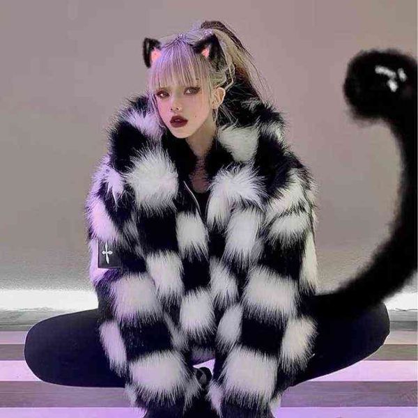 new women's checkerboard pattern faux fur black white warm coat long sleeve winter outwear m180 t220810
new women's checkerboard pattern faux fur black white warm coat long sleeve winter outwear m180 t220810