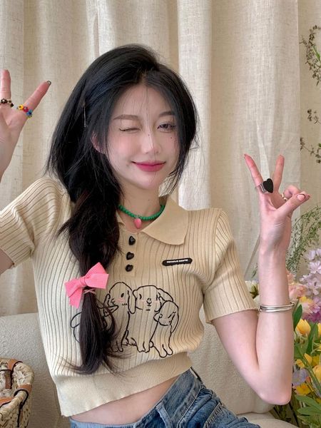 women's polos korean retro sweet croped knit t-shirt ladies western style powder embroidery knitted shirt short womenwomen's women, White
women's polos korean retro sweet croped knit t-shirt ladies western style powder embroidery knitted shirt short womenwomen's women, White