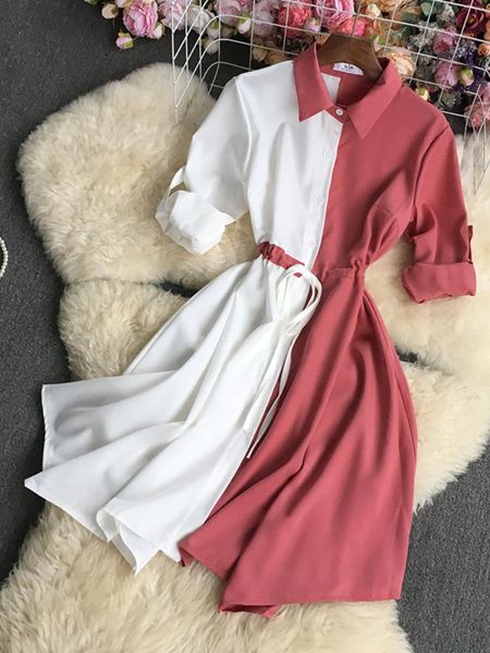 spring summer lapel long sleeve dress womens splice with elastic waist shirt fashion temperament commuter, White
spring summer lapel long sleeve dress womens splice with elastic waist shirt fashion temperament commuter, White