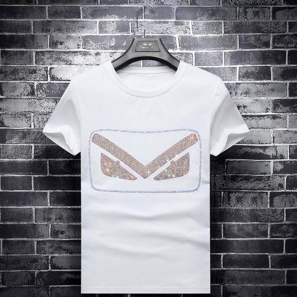 2019 summer men's trendy drilling t-shirt short sleeve men's round neck half sleeve social guy large size base shirt219q, White;black 
2019 summer men's trendy drilling t-shirt short sleeve men's round neck half sleeve social guy large size base shirt219q, White;black