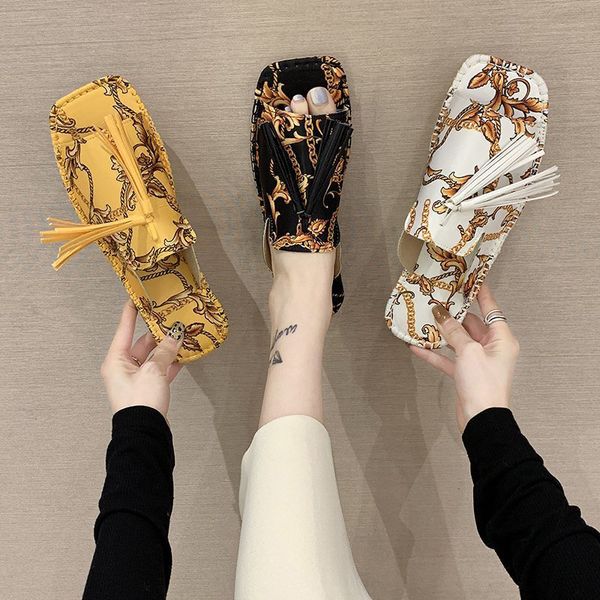 women slippers retro style totem fringe decor square toe flat ladies summer sandals comfortable outside slides shoes, Black
women slippers retro style totem fringe decor square toe flat ladies summer sandals comfortable outside slides shoes, Black