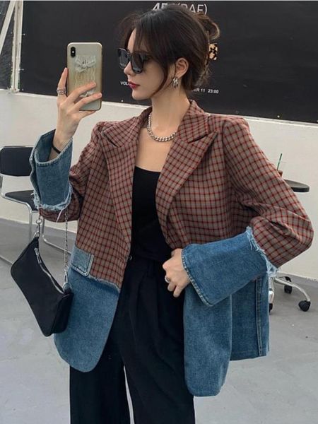 spring and autumn jeans suit jacket female splicing design sense minority loose long sleeve blazer women coats, White;black 
spring and autumn jeans suit jacket female splicing design sense minority loose long sleeve blazer women coats, White;black