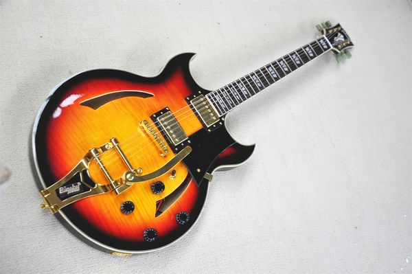 35 sunset electric guitar hollow body tiger rosewood fretboard shell inlay 22 fret bigs tremolo rocker fixed bridge gold knobs
35 sunset electric guitar hollow body tiger rosewood fretboard shell inlay 22 fret bigs tremolo rocker fixed bridge gold knobs