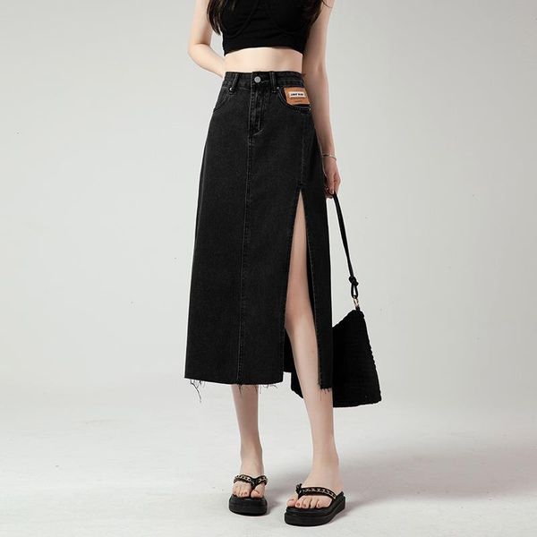 high waist retro bag hip denim skirt woman fashion loose side slit open legs pleated slim a-line black blue
high waist retro bag hip denim skirt woman fashion loose side slit open legs pleated slim a-line black blue