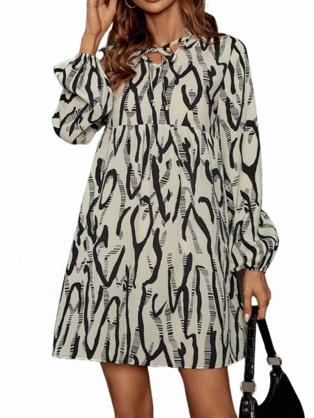 allover print tie neck smock dress 31ve#, Black;gray
