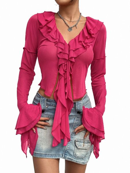 ruffle trim flounce sleeve crop i1kb#, White