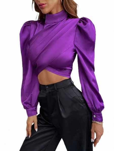 solid puff sleeve crop blouse k7pd#, White