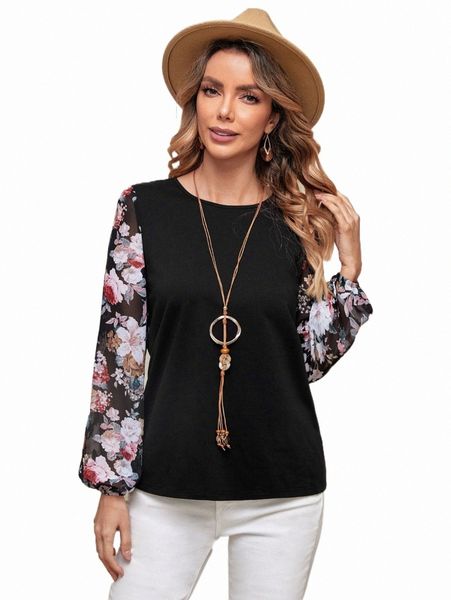 emery rose floral print lantern sleeve tee l13m#, White