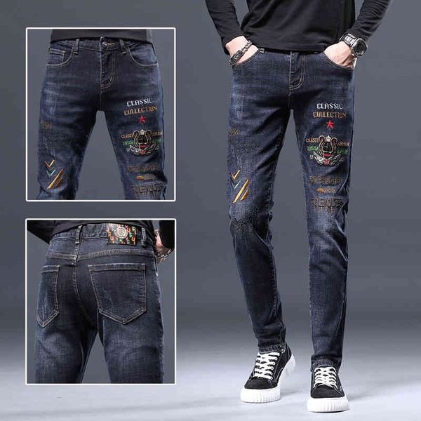 men's jeans men's spring tide embroidery printing casual slim fitting jeans pants small foot elastic d5, Blue