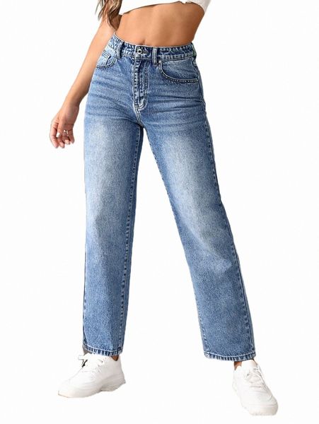 slant pocket straight leg jeans 30qa#, Blue