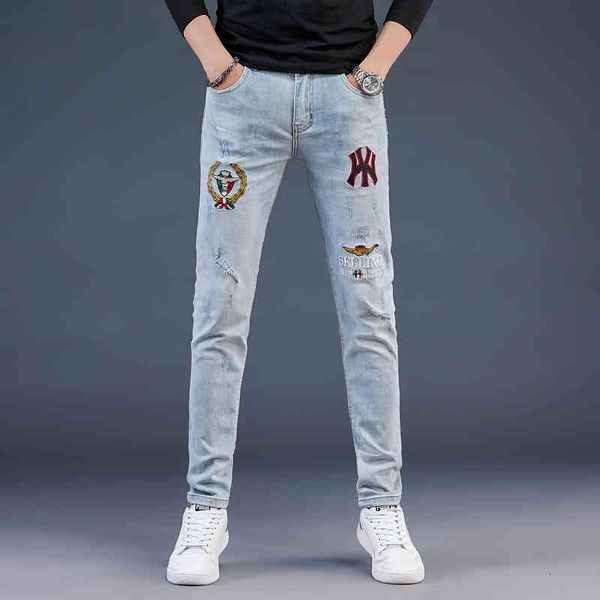men's jeans summer thin embroidery pierced jeans men's stretch slim straight pants korean fashion widn, Blue
men's jeans summer thin embroidery pierced jeans men's stretch slim straight pants korean fashion widn, Blue