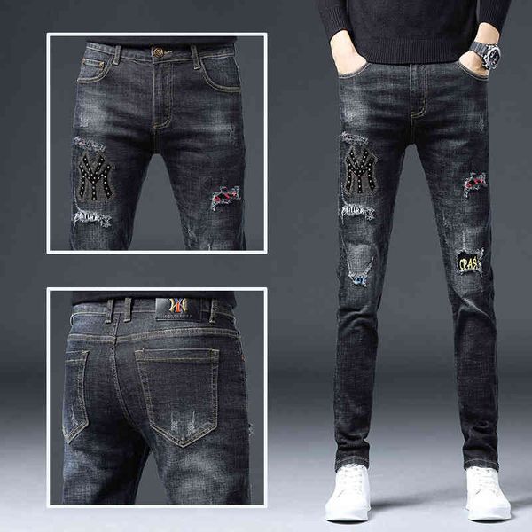 men's jeans autumn and winter black jeans men's pierced fashion personality drill slim fit pants casual rk3z, Blue
men's jeans autumn and winter black jeans men's pierced fashion personality drill slim fit pants casual rk3z, Blue